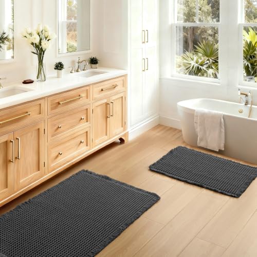 JIUZHEN Set of 2 Waffle Bath Mats Boho Non Slip Bath Rugs Washable Bathroom Rugs Super Absorbent Waffle Mats Ultra Soft Fast Drying Mat for Bathroom Floor, Tub, 16" x 24" +18" x 30", Black - color: Black, size: 16"x24" + 18"x30"