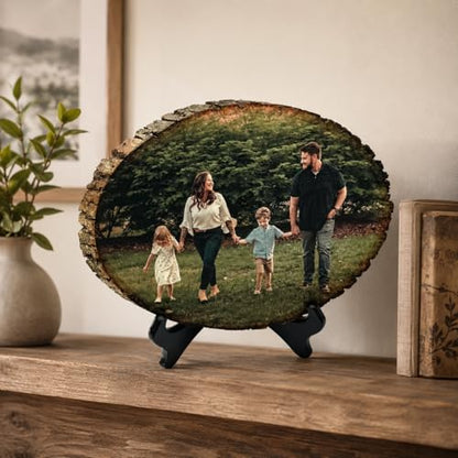 Custom Photo Frame Personalized Photo Prints on Rustic Live Edge Wood | Reclaimed basswood with real bark, optional engraved back message, wall hardware or easel, rustic farmhouse decor