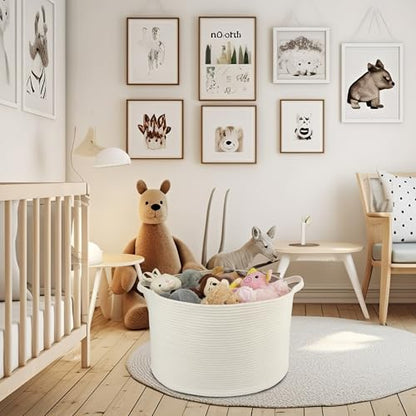 XUANGUO Extra Large Cotton Rope Round Storage Basket 22" x 14" White | Woven basket for blankets, toys, towels, laundry, nursery, living room and pet toy storage. - color: white