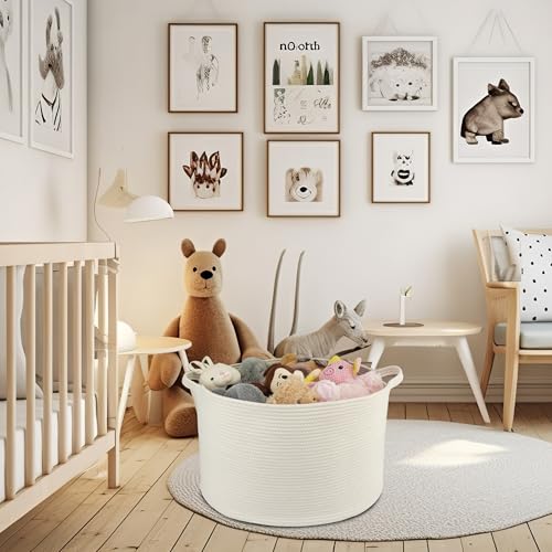 XUANGUO Extra Large Cotton Rope Round Storage Basket 22" x 14" White | Woven basket for blankets, toys, towels, laundry, nursery, living room and pet toy storage. - color: white