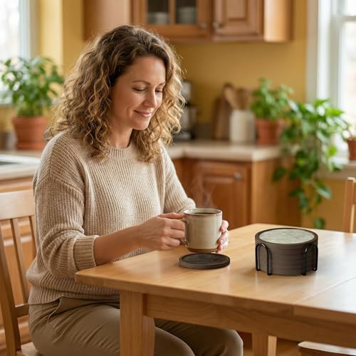 Absorbent Coasters for Drinks with Holder - 6packs, Silicone Coasters with Soft Felt Insert, Dual-Sided 3 Wood-Themed Patterns, Reusable Table Protection Mats for Coffee/Tea/Wine/Cans - color: Dual-sided Wood-textured Patterns