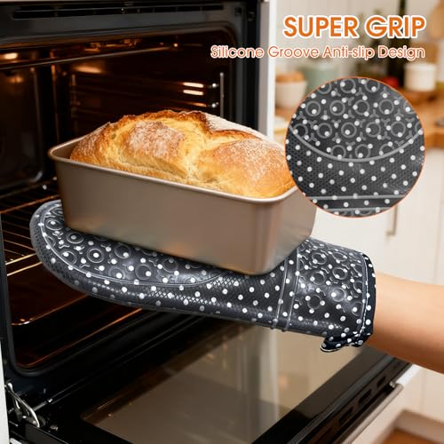 Silicone Oven Mitts Set Heat Resistant 2PCS Kitchen Mittens with Soft Cotton Lining Long Waterproof Non-Slip Oven Gloves for Cooking, BBQ, Baking - color: Black