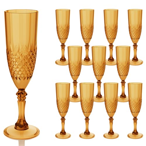 12 Pack Plastic Champagne Flutes, Amber Reusable Champagne Glass | Unbreakable Hard Plastic Mimosa Cups Bulk with Stem, Fancy Stemware for Wedding, Party & NYE Celebration - color: Amber