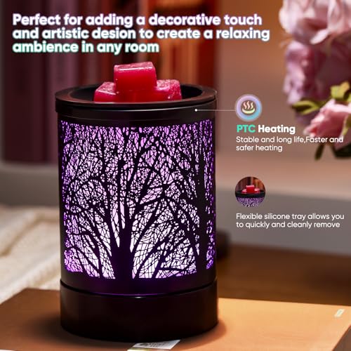 Enaroma Fragrance Wax Melts Warmer with 7 Colors LED Changing Light Classic Black Forest Design Scent Oil Candle Warmer for Home Black Tree Timer - color: Black Tree Timer