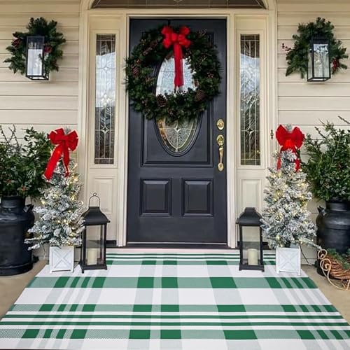 Easter Door Mat 4' x 6' Green and White Plaid Rug Spring Decor Rug Cotton Hand-Woven Layered Door Mats Washable Carpet for St. Patrick's Day Front Porch, Kitchen, Farmhouse, Entryway - color: Green&white Plaid, size: 4' x 6' (Rectangular)