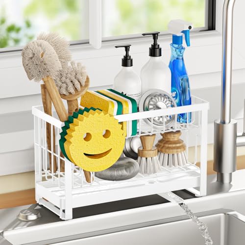 Sponge Holder for Kitchen Sink with Flexible Smiley Face, 2 Tier Kitchen Sink Organizer, Countertop and Storage Essentials, Soap Dispenser Organizer, Home Decor Accessories - White - color: 2 Tier White