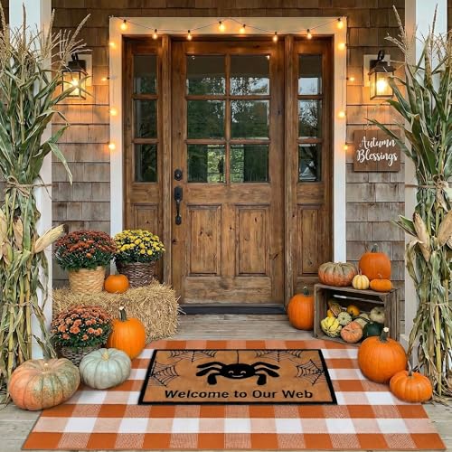 2 Pcs Halloween Coir Doormat for Porch 3' x 5' with Orange & White Buffalo Plaid Rug, Layered Non Slip Welcome Mats for Halloween Front Door Porch & Entryway Indoor Outdoor Decor - color: Welcome to Our Web Orange & White Plaid, size: 3' x 5' (Rectangular