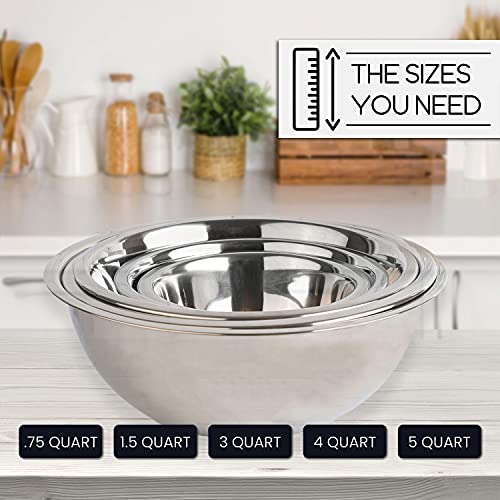 Stainless Steel Mixing Bowls Set, 5-Piece Meal Prep & Food Storage | .75, 1.5, 3, 4 & 5 Quart Metal Mixing Bowls Set for Prep, Serving, Baking & Food Storage, Ecofriendly, Dishwasher Safe - color: Silver