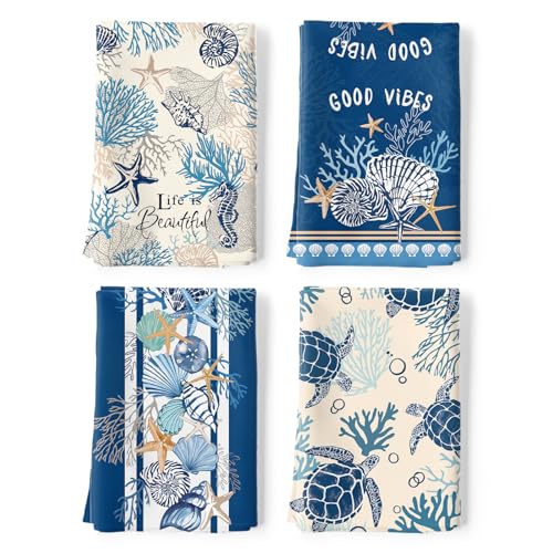 Ocean Shell Tea Towels, 100% Cotton Kitchen Towels, Set of 4 | 18.9 x 27.5 in / 48 x 70 cm, Lightweight Woven Dish Cloth with Ocean Shell Print for Summer Kitchen Decor, Hostess Gift - color: Ocean