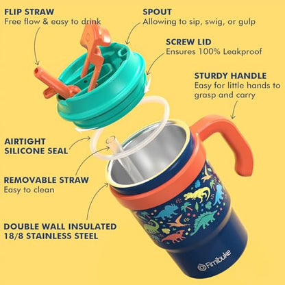 16oz Kids Insulated Tumbler w/Handle, 2 Pack Kids Toddler Water Bottle Cup | Leak-Proof Sip/Swig 2-in-1 Lids, BPA FREE 18/8 Stainless Steel Drinking Sippy Cup w/Straw Travel Mugs for Children Boys Girls - color: B3.Rainbow & Mermaid