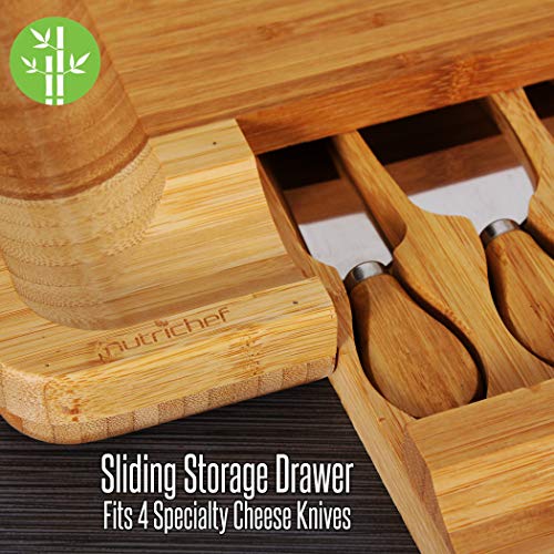 NutriChef Bamboo Cheese Cutting Board Set - Flat Wood Rectangle Serving Platter Plate Kit for Fruit and Meat w/Closing Drawer Tray, 4 Stainless Steel Knives, Bonus Condiment Cup - NutriChef AZPKCZBD10