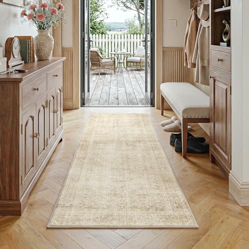 FMFUNCTEX 2x6 Washable Hallway Runner Rug Beige Vintage Neutral Non Slip | Cream Distressed Retro Faded Soft Low Pile Indoor Thin Carpet Entryway Kitchen Laundry Bedroom Bathroom Entrance Bedside - color: Beige, size: 2' x 6' (Rectangular)