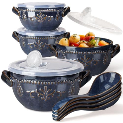 French Onion Soup Bowls with Handles and lids & Spoons, 20 Oz Ceramic Soup Crocks Oven Safe Serving Bowls for Chili, Beef Stew, Cereal, Pot Pies, Embossment, Set of 4, Blue (Damask Floral) - color: Blue (Damask Floral)