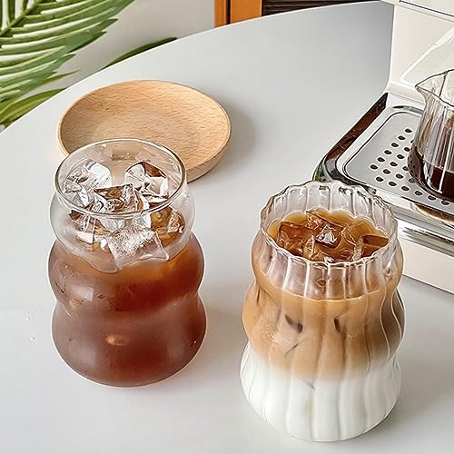 2 Pcs Ribbed Glass Cups, 18 Oz Vintage Drinking Glassware with Wave Design | Iced Coffee Cups Glass, Matcha Glass Bubble Cups for Iced Coffee, Juice, Beverage, Milk, Cocktails, Bubble Tea, and More