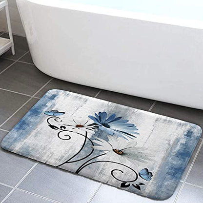 Rustic Farmhouse Bath Mat Set, Farm Blue Daisy Floral Flowers and Butterfly on Country Wooden Bathroom Mat Set with Non-Slip Bath Rug, Soft Toilet Lid Cover and Contour Mat, Turquoise Blue (Blue-) - color: Blue-