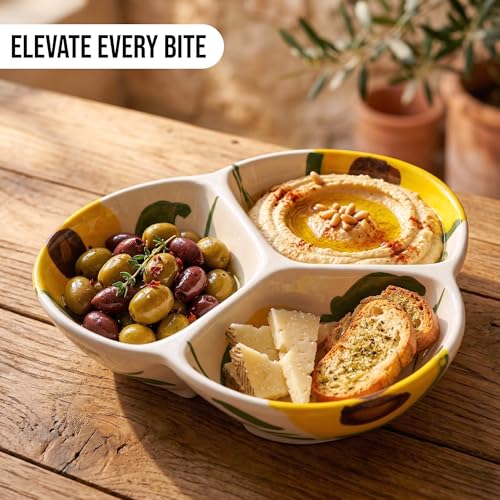 3-Compartment Ceramic Serving Dish, Handmade in Spain | 7.5” divided chip and dip bowl with lead-free glaze, microwave, oven and dishwasher safe, ideal for tapas, snacks and sauces - color: Rustic Avocado
