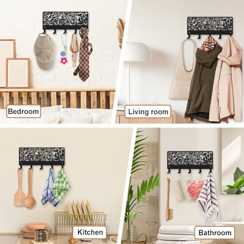 MAYJOYDIY Flowers Leaves Metal Key Hook Plant Theme Coat Hook Wall Mounted 9.8×4.7inch Simple Plants Black Art Key Holder with 5 Hooks for Gift Kitchen Bathroom Clothes Storage - style: Flowers Leaves