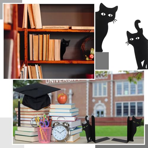 Black Cat Bookends Set of 2 Metal Book Ends for Shelves | Black Metal Cat Bookends, 6 x 4 x 1.2 Inch, for Bookshelves, Desks, Offices and Gifts for Cat Lovers and Reading Enthusiasts - style: Lovely Cat