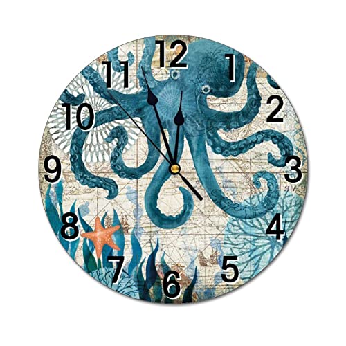 Blue Octopus Nautical Map Wall Clock Battery Operated Silent Round Clock Wall Decor for Home Office School, 12 Inch - color: Ocean Animal(octopus), size: 12 Inch