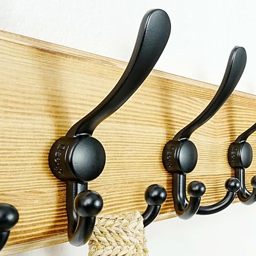 Coat Rack Wall Mount - Heavy-Duty Robust Rustic Wooden Wall Coat Hanger Hook Rail with 5 Triple Hooks for Winter Jacket & Hat Clothing, Light Brown & Black - color: Light Brown & Black, size: L=17.4"