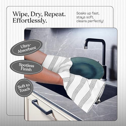 Black Stripe Kitchen Towels (3 Pack), 100% Cotton, Multi Pin Striped Towel Set, Super Absorbent & Durable Dishcloths, Quick Drying Fabric for Drying Dishes, Everyday Kitchen Cleaning - color: Black, style: 3 Pack