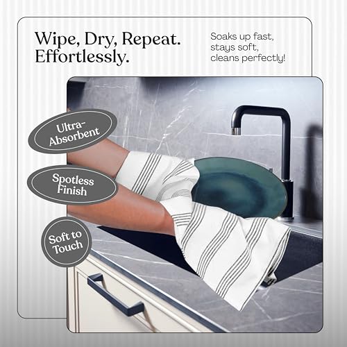 Black Stripe Kitchen Towels (12 Pack), 100% Cotton, Multi Pin Striped Towel Set, Super Absorbent & Durable Dishcloths, Quick Dry Fabric for Drying Dishes, Everyday Kitchen Cleaning - color: Black, style: 12 Pack