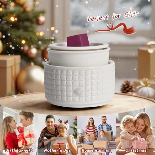 Ceramic Candle Warmer and Wax Melt Warmer with 1 PC Silicone Liner | 4-in-1 Electric Warmer for Jar Candle Wax Cube Essential Oil Coffee, Ideal Gift for Home Office Kitchen（Waffle） - color: White Waffle