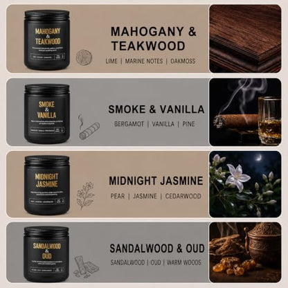 Candles Gifts for Men, 4-Pack Scented Candles, 36 oz, Birthday Gift Set | Up to 200 Hours Total Burn Time, Mahogany Teakwood, Smoked Vanilla, Midnight Jasmine & Sandalwood Oud - color: 4 Pack Black Candles