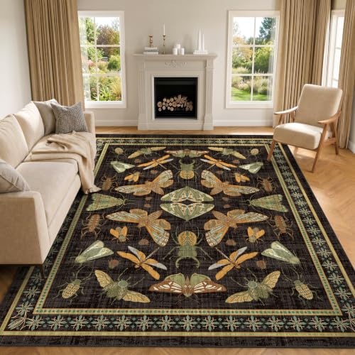 Arenarug Area Rug 8x10 Non Slip Washable Rug Insect Boho Soft Distressed Vintage Lightweight Low Pile Carpet for Living Room, Bedroom, Dining Room, Kitchen, Office, Black - color: Black, size: 8'x10'