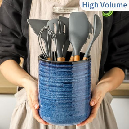 HASENSE Ceramic Utensil Holder Set of 2 (7.4"+5.5"), Modern Farmhouse Kitchen Utensil Crocks for Countertop, Blue Kitchen Tool Organizer for Spatulas, Whisks, Tongs & Cooking Tools - color: Navy Blue(2 pcs)