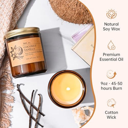 Scented Candles for Women, 4-Pack 9 oz Soy Candle Set for Home, 36 oz Total | Lavender, Amber-Sandalwood, White Sage & Coconut Vanilla. Soy Wax Aromatherapy Candles for Birthdays & Valentine's Day Gifts - color: 4 Pack Amber Jar Candles Set