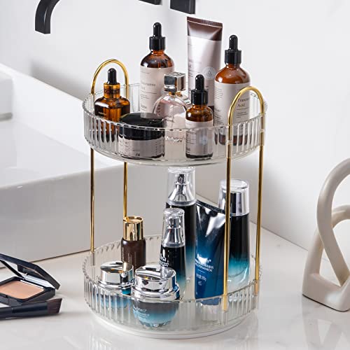 INVSSENE 360° Rotating Makeup Organizer, Bathroom Make Up Spinning Holder Rack, Large Capacity Cosmetics Storage Vanity Shelf Countertop, Fits Cosmetics, Perfume, Skincare(2 Tiers, Clear) - color: Transparent, size: 2 Tiers