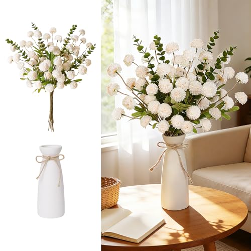 12pcs Artificial Flowers with White Ceramic Vase Included,Vase with Flowers | Faux Flowers for Vase,Table Centerpieces for Dining Room Eucalyptu Faux Kiku Mums Silk Flowers Floral Arrangements Home Decor - color: Champagne