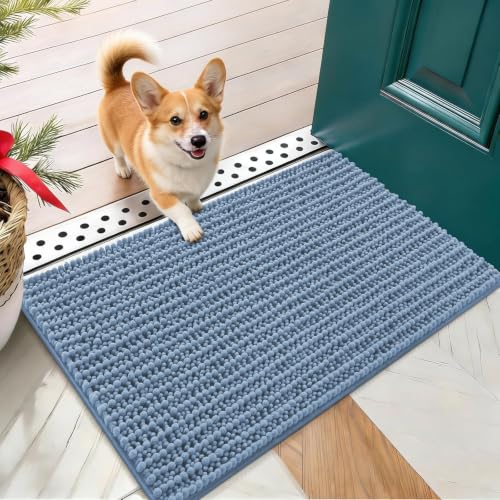 OLANLY Dog Door Mat for Muddy Paws 24x16, Ultra-Absorbent Chenille Mud Mat | Airy Blue, Absorbs Moisture and Dirt, Non-Slip Washable Doormat, Quick-Drying Indoor Entryway Floor Carpet for Dogs - color: Airy Blue, size: 24" X 16"