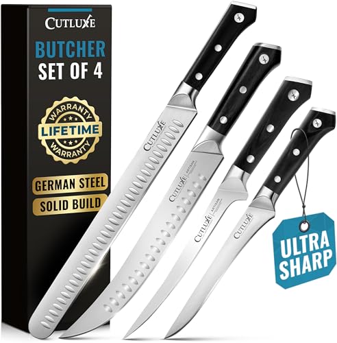Cutluxe Butcher Knife Set, Brisket, Breaking, Boning & Fillet for Meat | BBQ Carving Blades, Ultra Sharp German Steel, Full Tang Ergonomic Handles – Grilling Gift for Men - size: 4 Pcs Brisket Knife Set