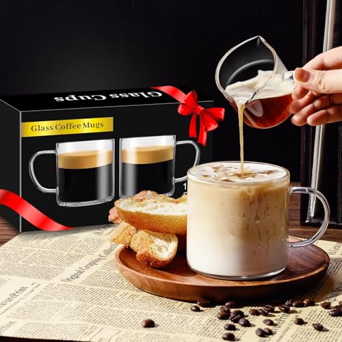 PARACITY Glass Mug Set of 2, 14.2 fl oz Clear Coffee Cups with Handles | Borosilicate bodies have wide mouths, grips and raised bases for latte, cappuccino, tea, hot drinks or water - size: 14.2 Ounces
