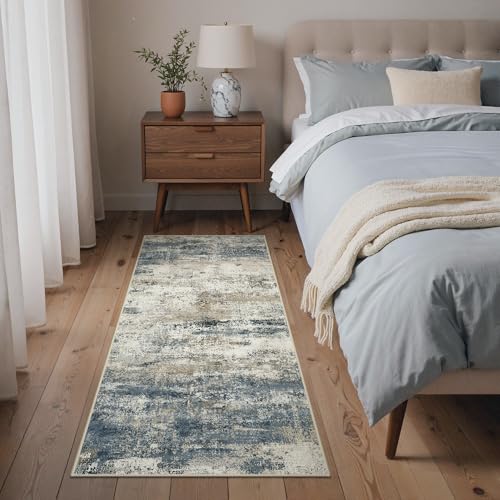GENIMO 2x7 Runner Rug Non Slip Washable for Hallway Entryway Navy Blue Gray | Modern Abstract, Lightweight Low Pile Thin Carpet, Spill and Stain Resistant Soft Mat for Kitchen Floor, Laundry Room Bedroom - color: Navy Blue Gray, size: 2' x 7' (Rectangular