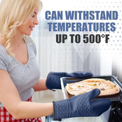 Silicone Oven Mitts, Heat Resistant 2PCS Oven Mitts with Soft Cotton Lining, Waterproof Non-Slip Grip Oven Glove, Kitchen Potholder Mits for BBQ, Baking, Cooking, 12.5 Inch - Dark Blue - color: Dark Blue