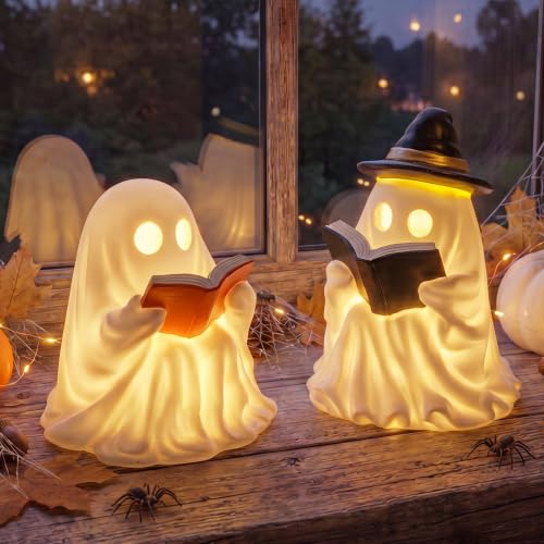 Fumete 2 Pcs Reading Ghost Halloween Decorations - Aesthetic Spooky Resin Light up Cute Ghost Couple with Book, Halloween Indoor Figurines for Mantel, Shelf & Tabletop Cozy Room Party Decor - style: Reading Ghosts