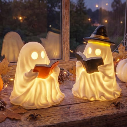 Fumete 2 Pcs Reading Ghost Halloween Decorations - Aesthetic Spooky Resin Light up Cute Ghost Couple with Book, Halloween Indoor Figurines for Mantel, Shelf & Tabletop Cozy Room Party Decor - style: Reading Ghosts
