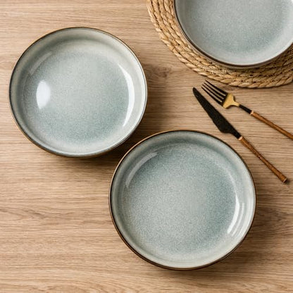 GBhome 8.75'' Large Ceramic Pasta Bowls, 38oz Stoneware Pasta Serving Bowls Set of 4 for Kitchen, Wide Bowls for Fruit,Pasta,Salad,Oatmeal,Meal, Microwave Safe, Reactive Glaze-Green Wheat - color: Green Wheat