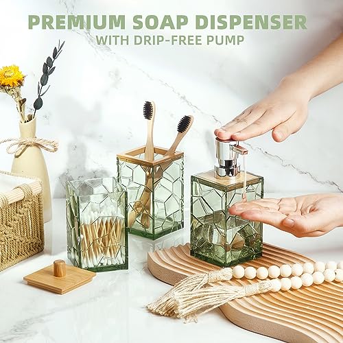 GAHEFY Sage Green Bathroom Accessories Set, Toothbrush Holder, Soap Dispenser, Cotton Swabs Holder, Soap Dish, Toilet Brush with Holder, Boho Bamboo Bathroom Decor,Acrylic (Green) - style: Green-5pcs