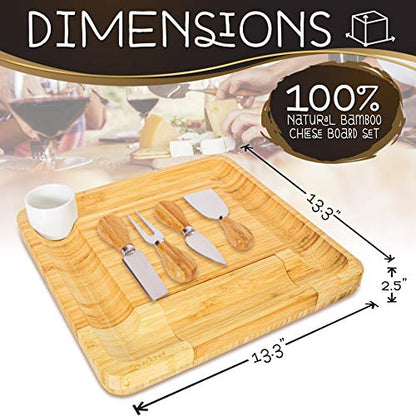 NutriChef Bamboo Natural Cheese Board Set with Bonus Condiment Cup-Extra Large Size 100% Home Organic Wooden Plate and Charcuterie Tray with 4 pcs Cutting Knife Slicer, 13" Square - style: Square