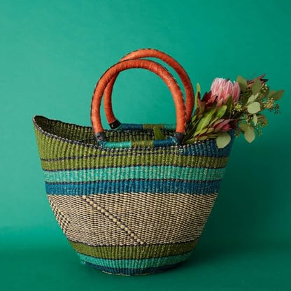 African Woven Market Basket Tote with Leather Handles, Blue Green, 16 Inch Wide - color: Blue Green