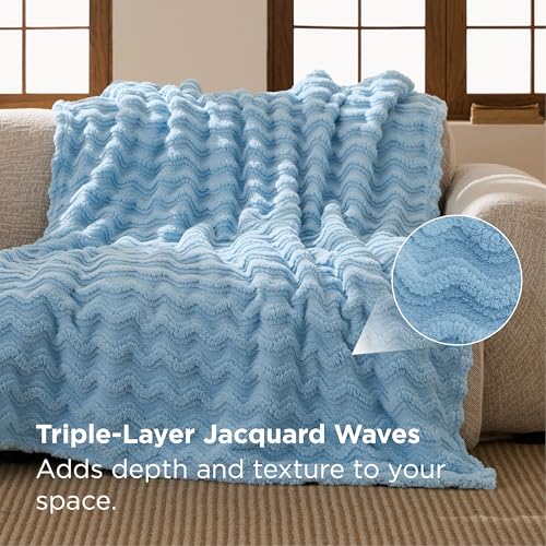Bedsure Light Blue 3D Wave Fleece Throw Blanket for Couch - GentleSoft Spring Fluffy Blanket for Sofa Bed Room Decor, Super Cozy Fleece Throw for Women, Warm Cute All Season Gift, 50x60 Inches