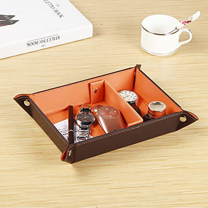 Valet Tray for Men Leather Big Entryway Key Dish Bedside Catchall Bowl 2 Dividers Travel Nightstand Organizer Caddy for Wallet Coins Dice Watch Candy, Sundries Holder for Beside Table (Orange) | Large Jewelry Vanity Tray for Keys,Coins,Wallet,Watch,Phone,