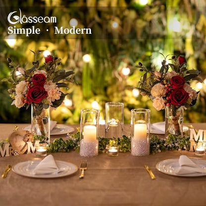 Glasseam Cylinder Vases for Centerpieces, 6Pcs Clear Glass Vase for Flowers | Hurricane Pillar, Floating Candle Holder, Modern, Small Home Decorations, Table Centerpieces, Wedding, Party, 8In - size: 8In