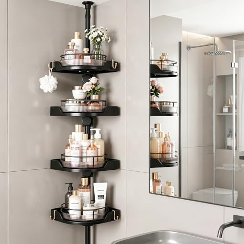 360° Rotating Tension Pole Caddy – 4-Tier Corner Shower Organizer, Height Adjustable 33"–124", Space-Saving for Bathroom, Kitchen Counter, Cabinet Gaps & Bathtub (black) - color: black