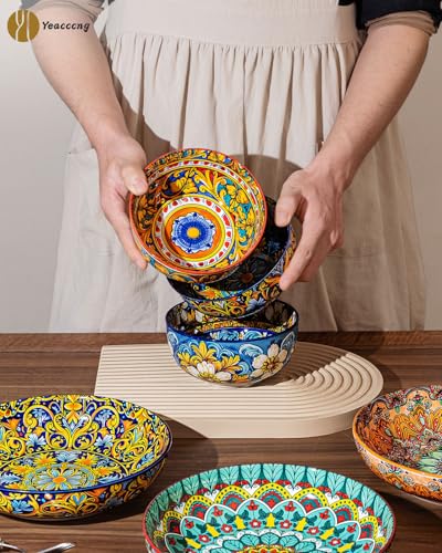 Yeacccng Bohemian Cereal Bowls Set of 6, 5.9 Inch 27 Oz Ceramic Soup Bowls, Microwave Dishwasher Safe, Lead-Free Scratch-Resistant for Oatmeal Pasta Salad, Colorful Boho Bowls