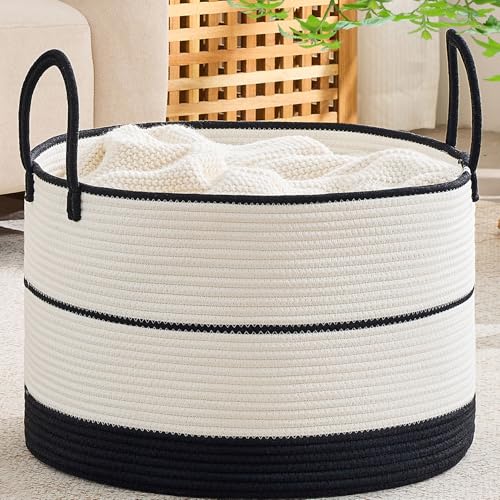 KAKAMAY Large Blanket Basket with Handles, Storage Basket for Living Room | Extra Large Capacity | Natural Cotton Rope | Blanket Storage | Woven Storage Basket | Stuffed Animal Storage | Laundry Basket - color: Black and Beige